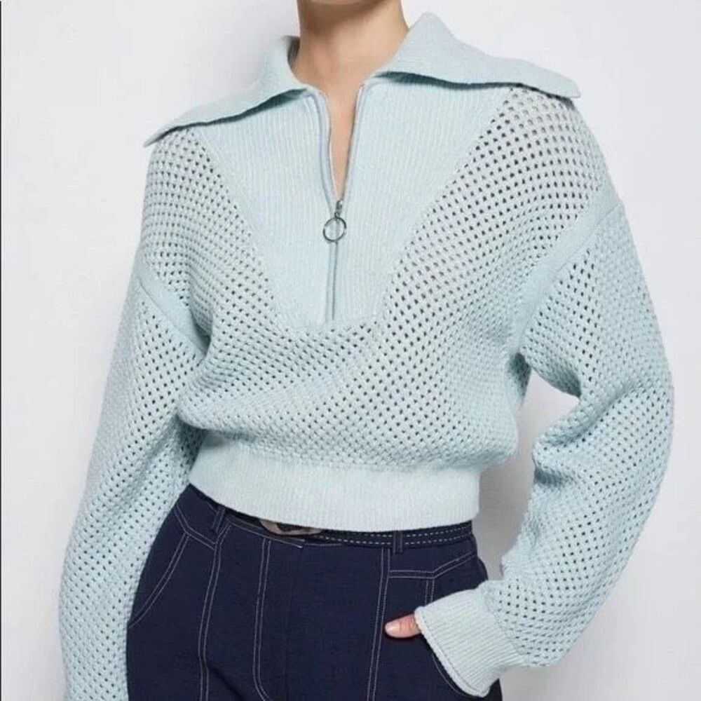 Jonathan Simkhai Ariella Sculptural sweater pool blue 1/4 zip polo knit medium